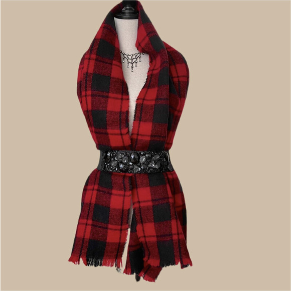 Black Red Plaid Tartan Oversized Scarf Wrap Throw Fringe Soft Blanket Cozy Fall - Picture 13 of 14